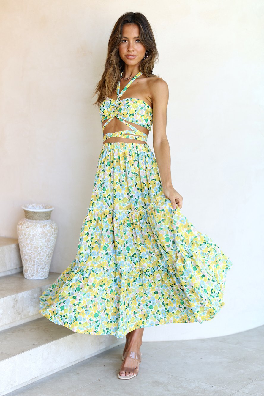 Femme Cut-Out Blumen Crop Top og Maxi Nederdel Sæt Stilla