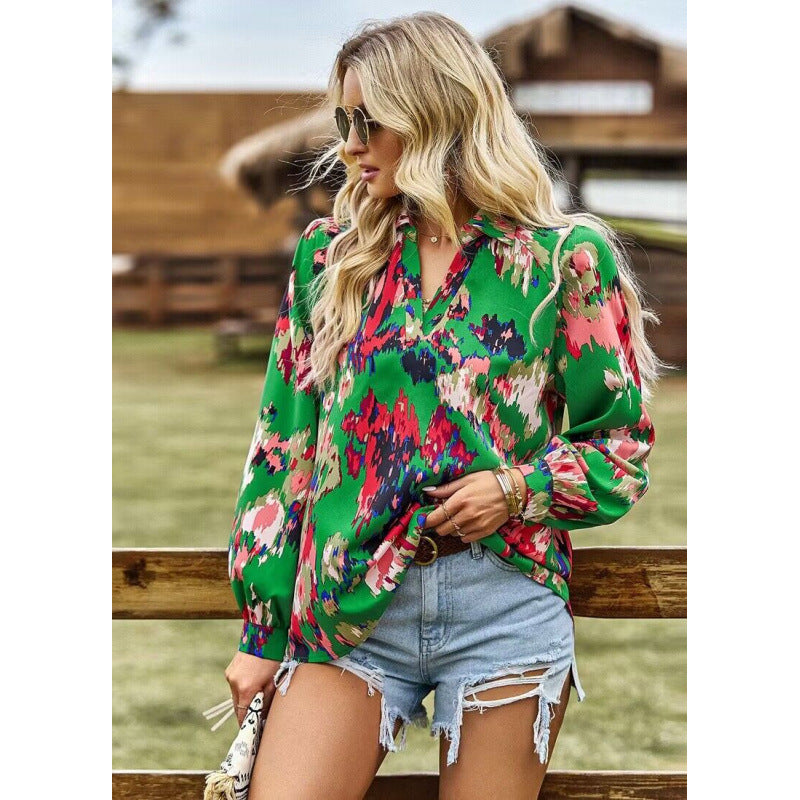 Dame Vibrant Trykt Bluse med Ballonærmer Stilla
