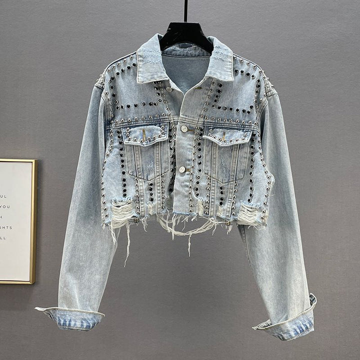 Kvinders designer denimjakke med nitter og frynser Stilla
