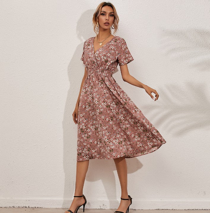 Dame blomstertryk midi kjole med draperet taljedetalje Stilla