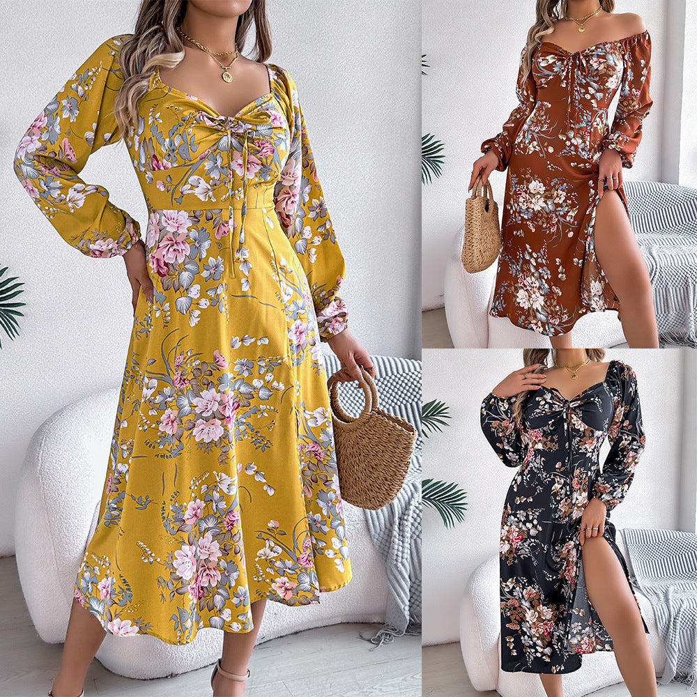 Dame Elegant flydende maxikjole med blomsterdesign og sidestik Stilla