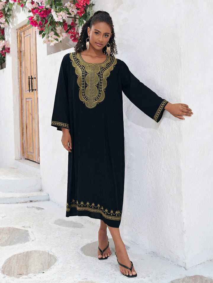 Dame Kaftan med luksuriøse gyldne broderier og elegant V-udskæring Stilla