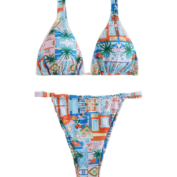 Dame triangel-bikini med elegante spidsdekorationer og farverigt motiv Stilla
