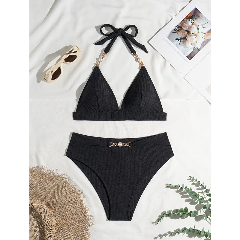 Dame bandeau-bikini med mønstret top og dekorativ perleudsmykning Skovae