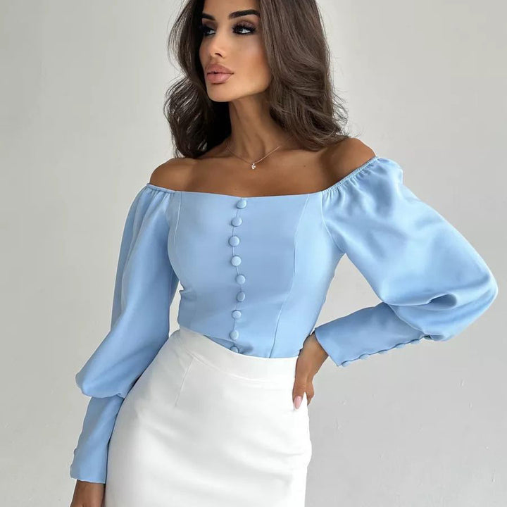 Dame Off-Shoulder Bluse med elegante puffærmer og knapdetaljer Stilla