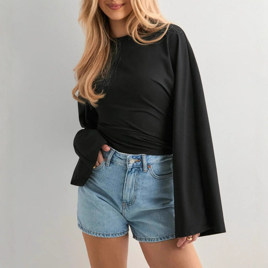 Kvinders cropped langærmet skjorte med brede flagrende ærmer Stilla