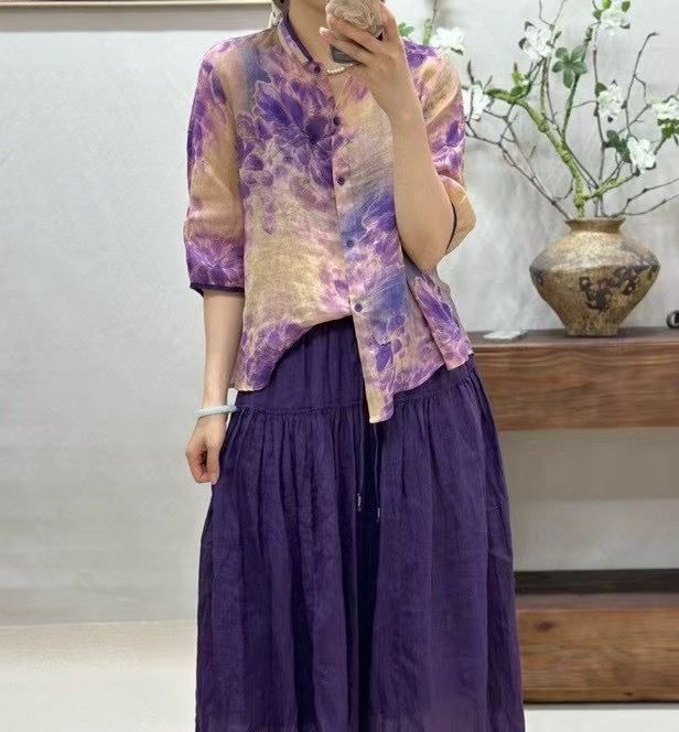 Dame Button-Up Blomstermønster Bluse Stilla
