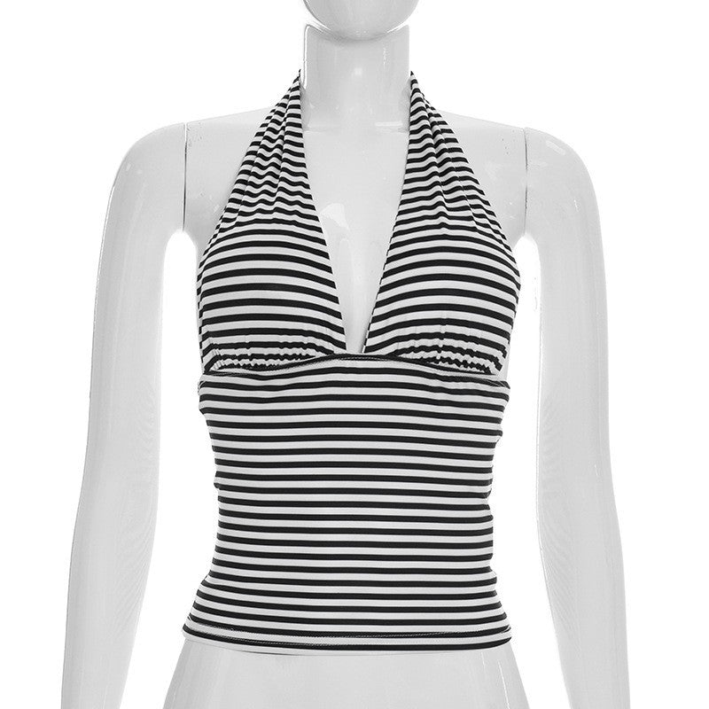 Dame Wrap-Bikini-top med sofistikeret halter-design og stribet mønster Skovae