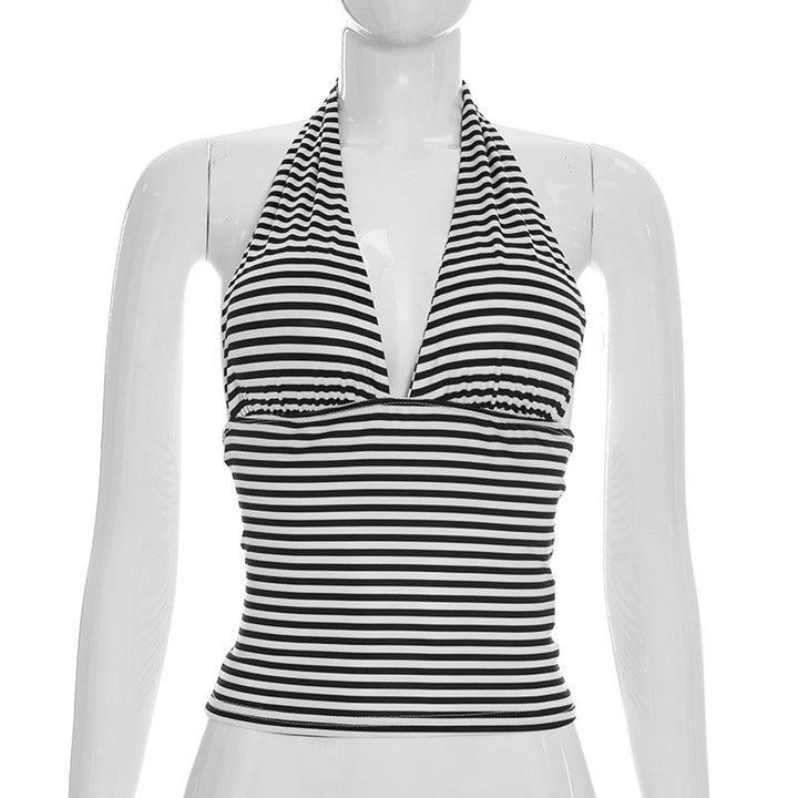 Dame Wrap-Bikini-top med sofistikeret halter-design og stribet mønster Skovae