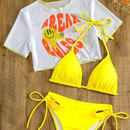 Dame bikini sæt med trendy crop top og muntert motiv Stilla