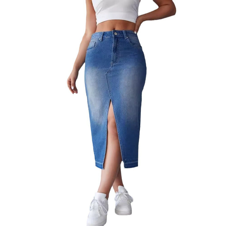 Kvinders Maxi Denim Nederdel med Sideslids og Moderne Frynser Stilla