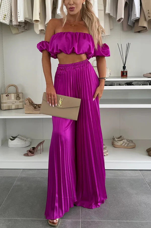 Dame Plisse-bundlang Skirt med elastisk kant og moderne Crop-Top Stilla