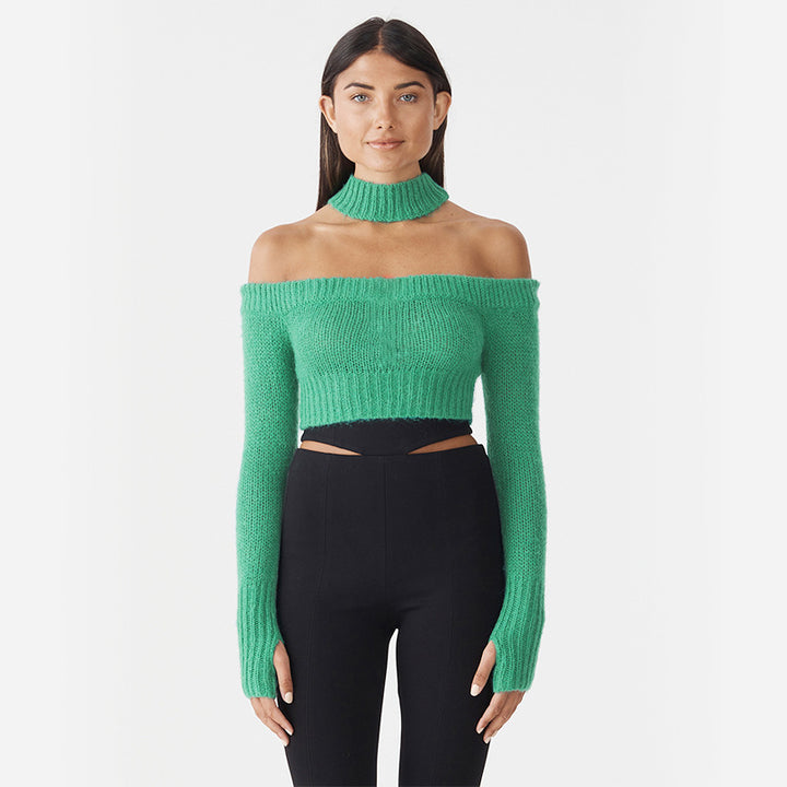 Dame Off-Shoulder Kort Strikpullover Stilla