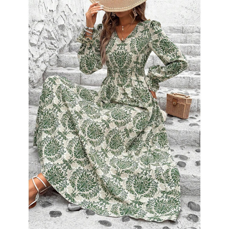 Dame Floral Trykt Maxi Kjole med Smock-talje og Lange Ærmer Stilla