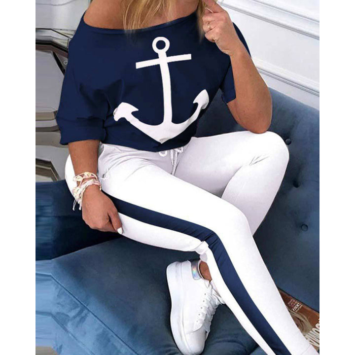 Dame Casual Nautik Grafik T-shirt og Joggingdragt Sæt Stilla