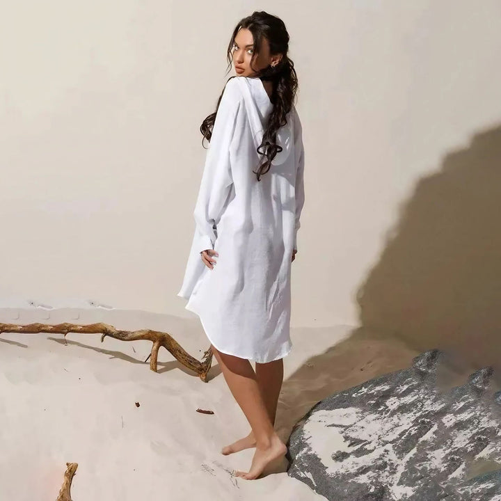 Dame afslappet strandtunika med hætte og knaplukning Stilla