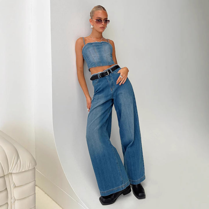 Dame Løst skårede Højtaljede Denim-Bukser med flosset søm og moderne detaljer Stilla