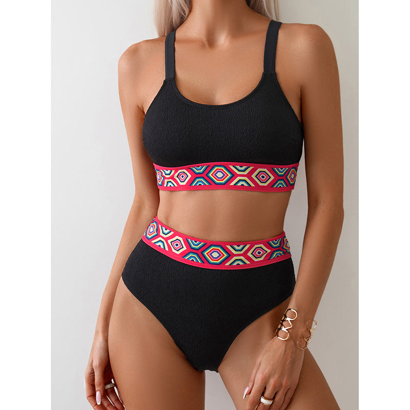 Dame Højtaljet Bikinisæt med geometrisk mønster Stilla