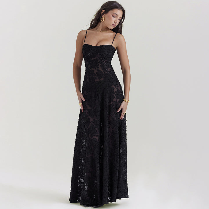 Dame Elegant Spids Maxi Kjole med sarte stropper og blomsterdesign Stilla