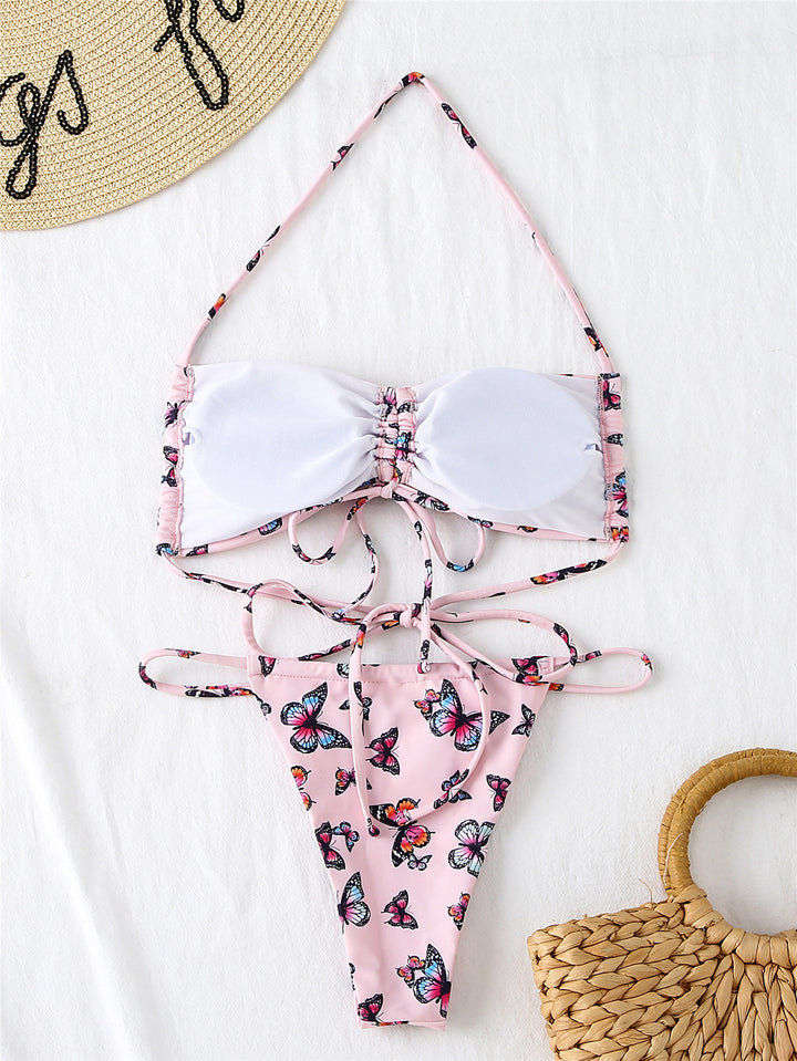 Dame Bandeau-bikini med sofistikeret forklæde-design og blomstret sommerfuglmønster Stilla