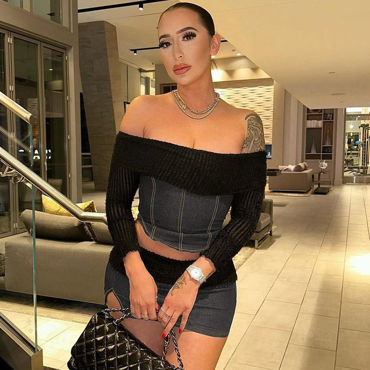 Dame Off-Shoulder Sæt med figursyet overdel og kort jeansskørt Stilla