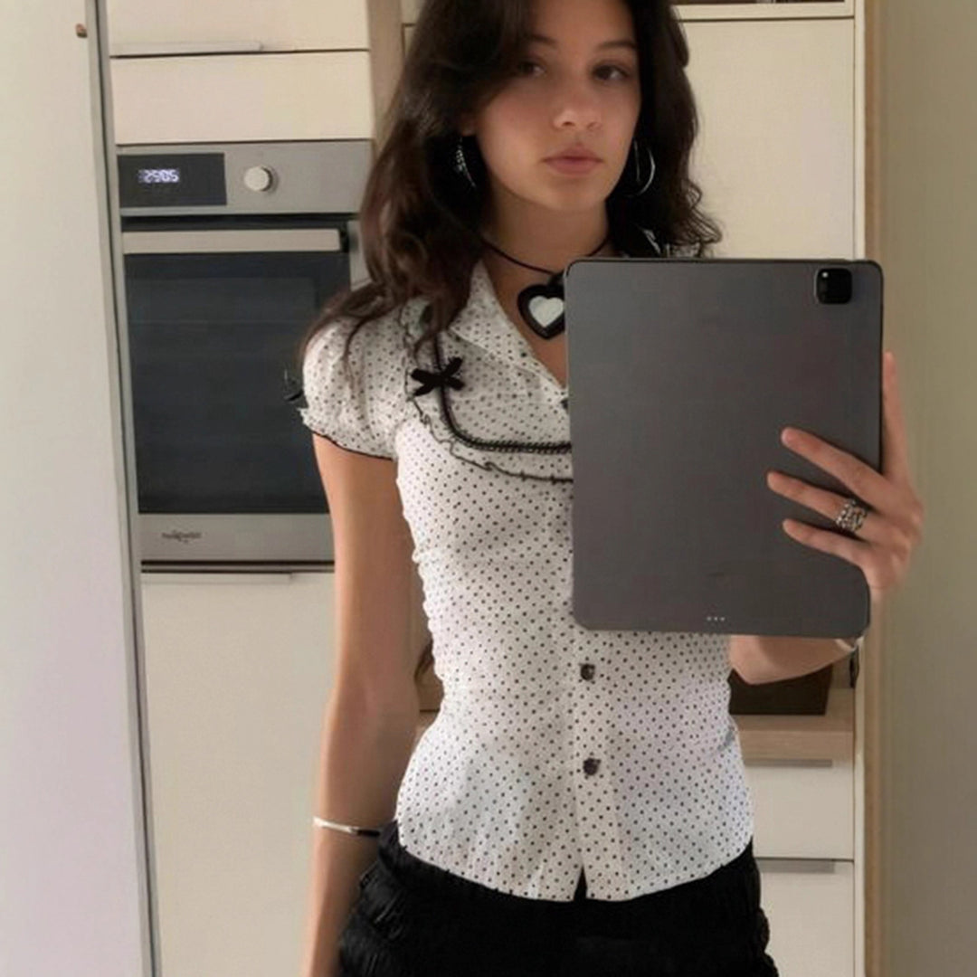 Dame Vintage Polka Dot Bluse med Puffærmer Skovae