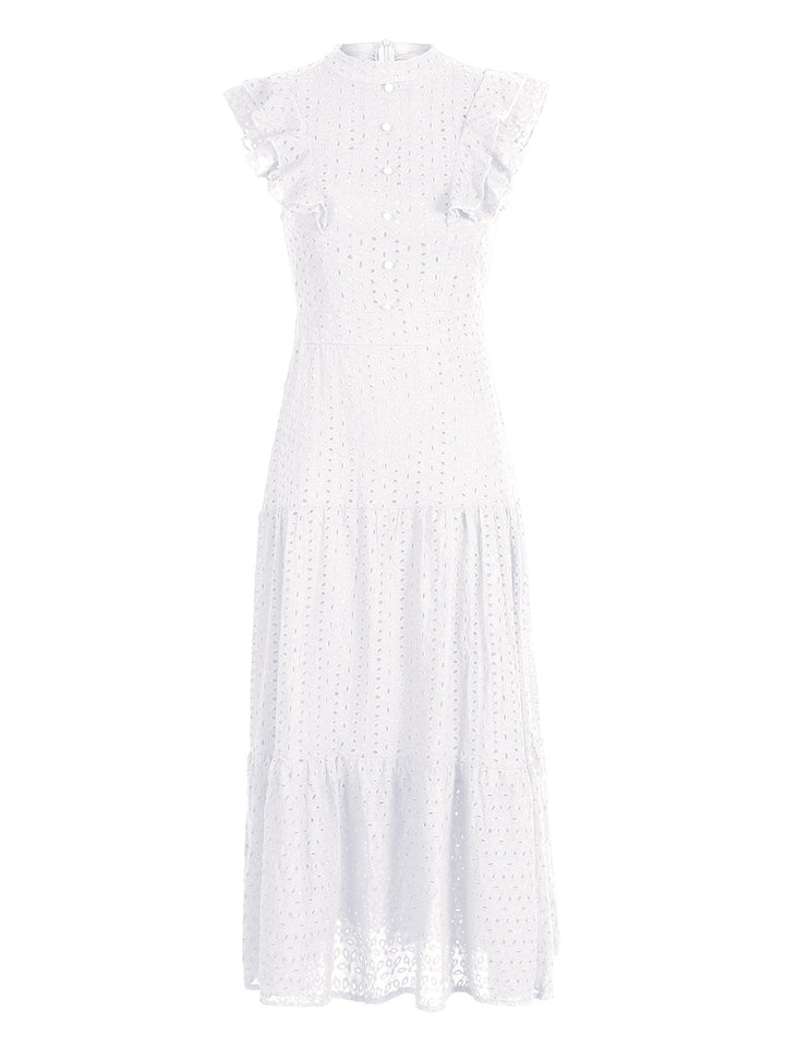 Dame Maxikjole med legende ruffledetail og elegant knaplukning Stilla