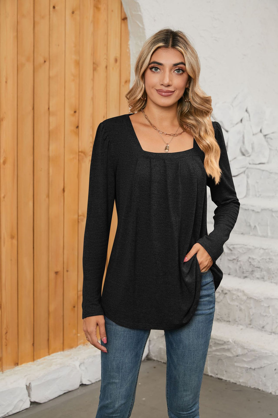 Dame mode longsleeve T-shirt med V-hals og lommer Stilla