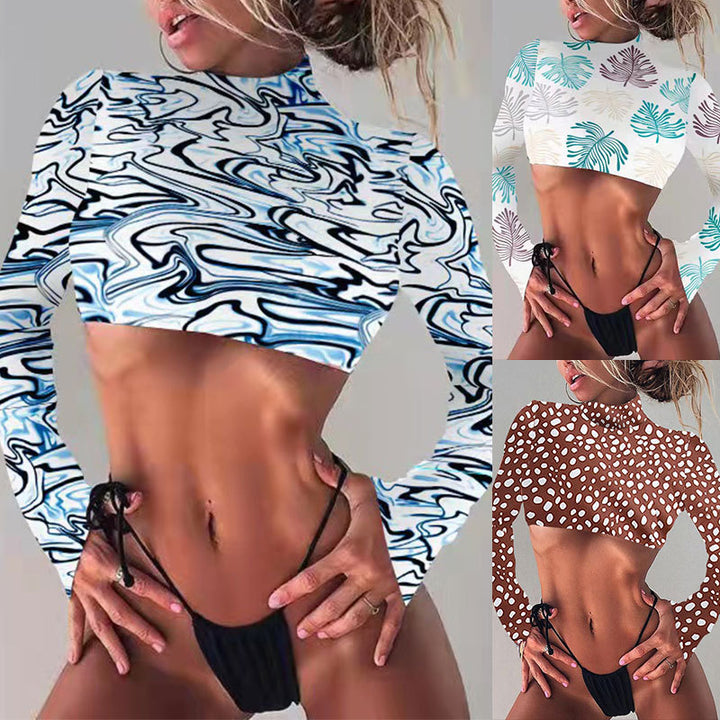 Dame Crop-Top med lange ærmer og eksotisk bladmønster Skovae