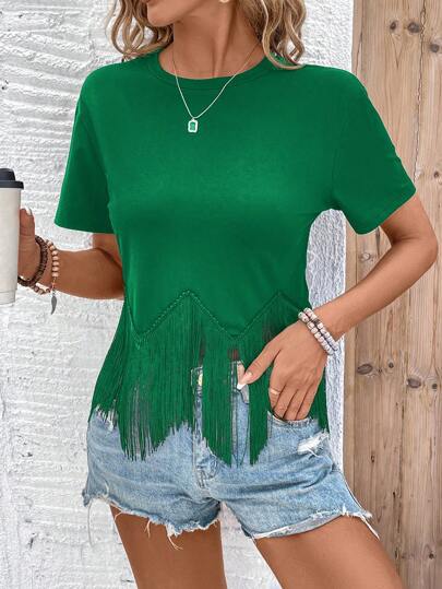 Dame T-shirt med frynse design og rund halsudskæring Stilla