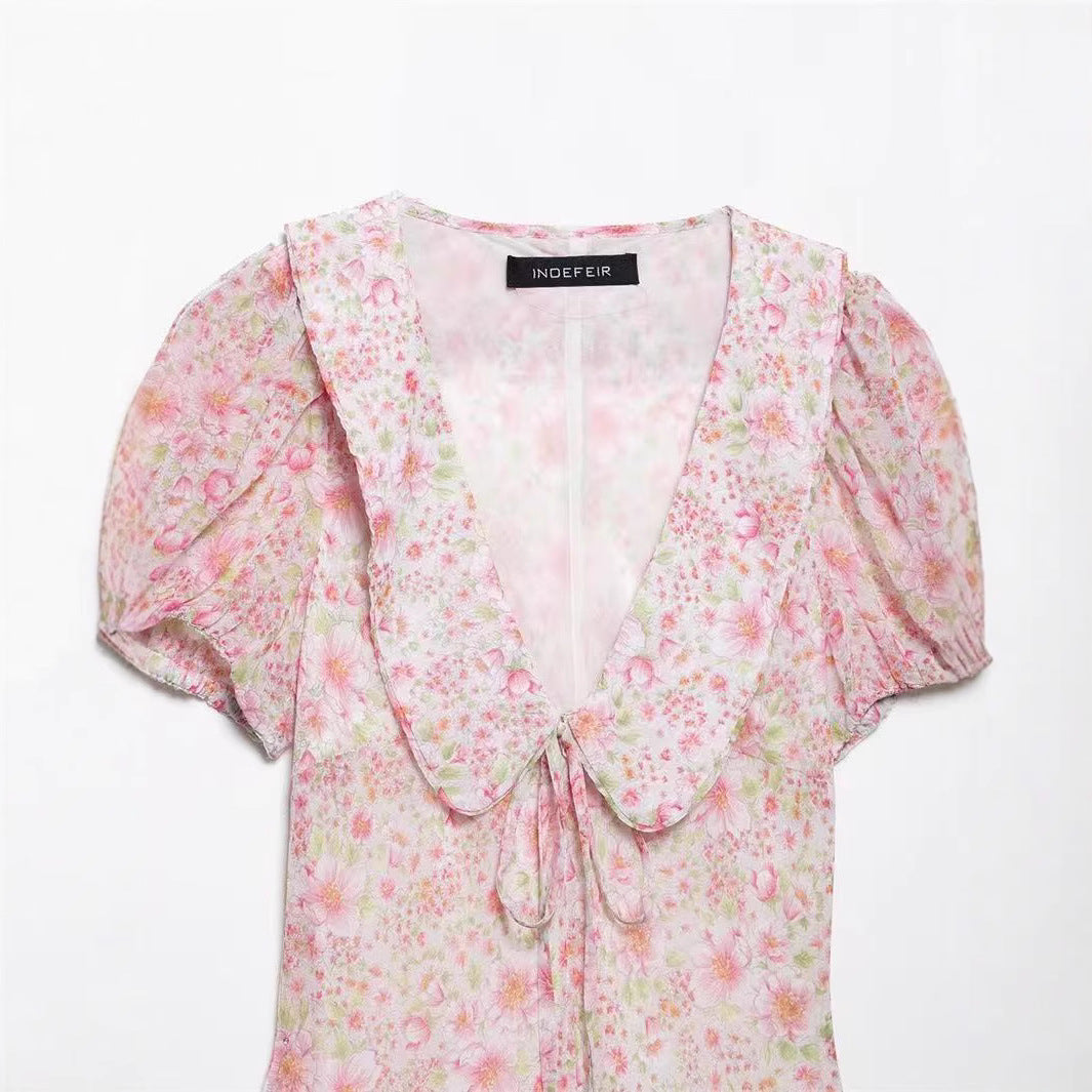 Dame Floral Print Mini Kjole med Rynkede Ærmer Stilla