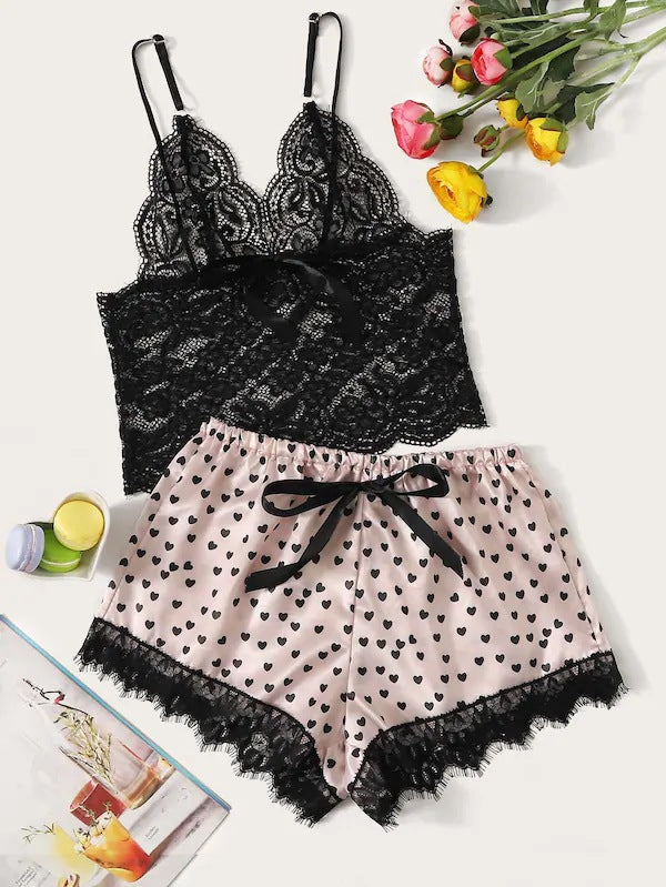 Dame Lace Crop-Camisole og Satin-Shorts Sæt Stilla