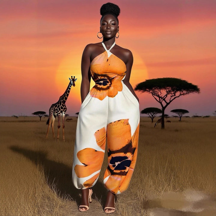 Women Elegant Jumpsuit with Floral Design and Refined Straps Skovae
