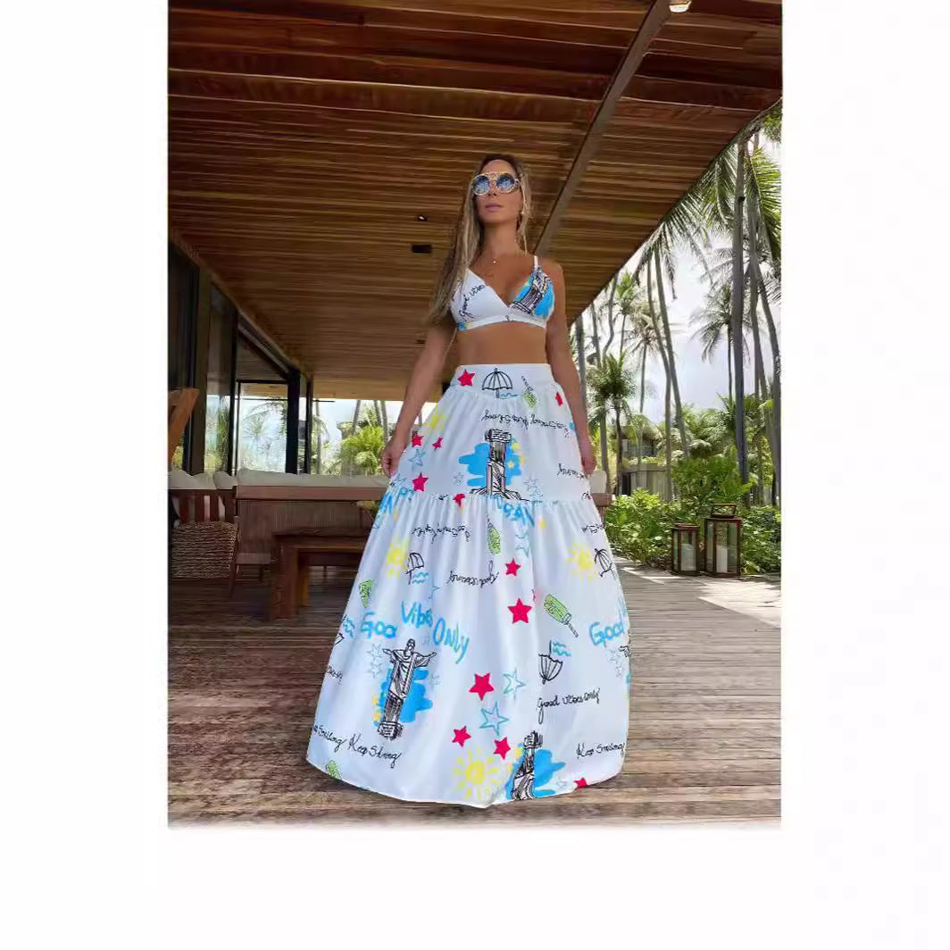 Dame Maxiskørt og Crop Top Ensemble med farverigt print og flydende stof Stilla