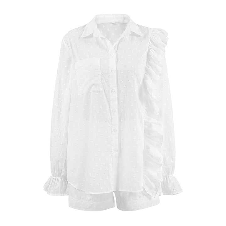 Dame sæt bestående af bluse og shorts med rüschen og gennemsigtigt design Stilla