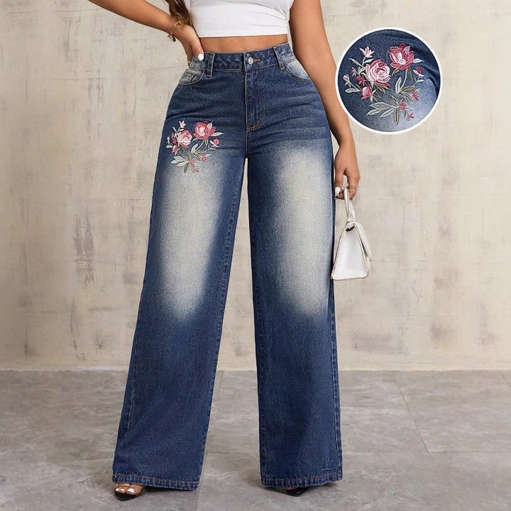 Kvinders brede denim jeans med blomsterbroderi Stilla