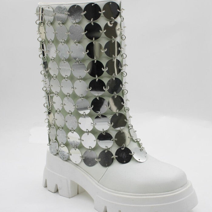 Femme Chunky High-Top platformstøvler med dekorative metalliske skiver Stilla