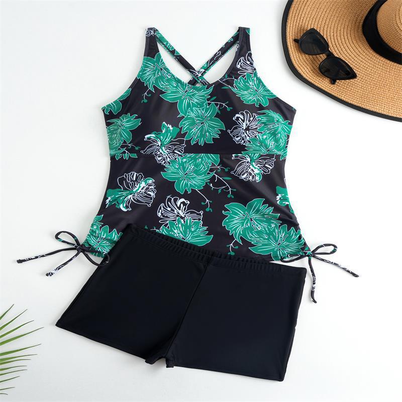 Dame Tankini-sæt med blomsterkrans top og sporty trusser Skovae