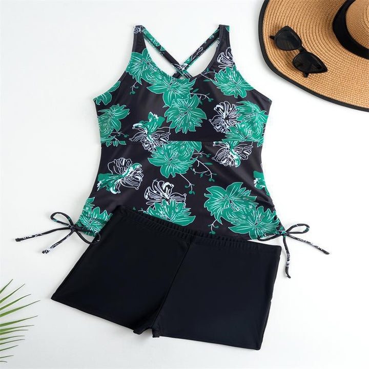 Dame Tankini-sæt med blomsterkrans top og sporty trusser Skovae