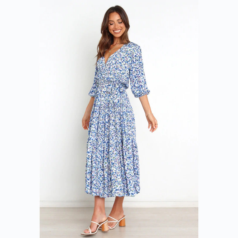 Women's Summer Maxi Dress with Open Décolleté and Floral Pattern Skovae