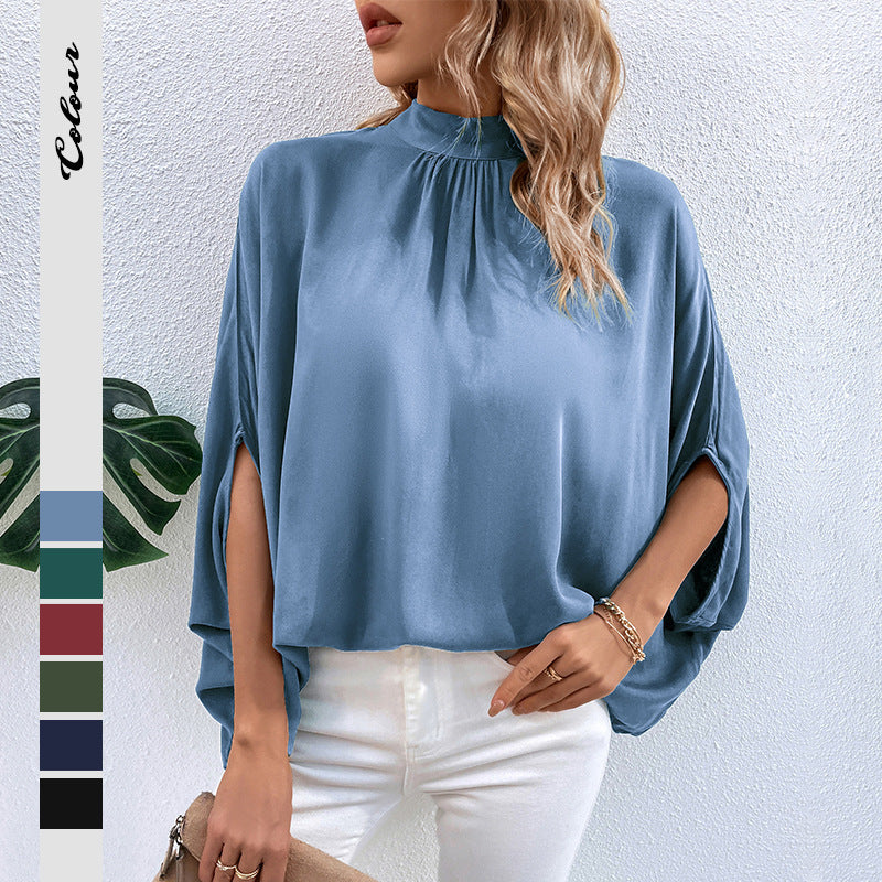 Dame top Elegant højkrave bluse med slids i siden Stilla