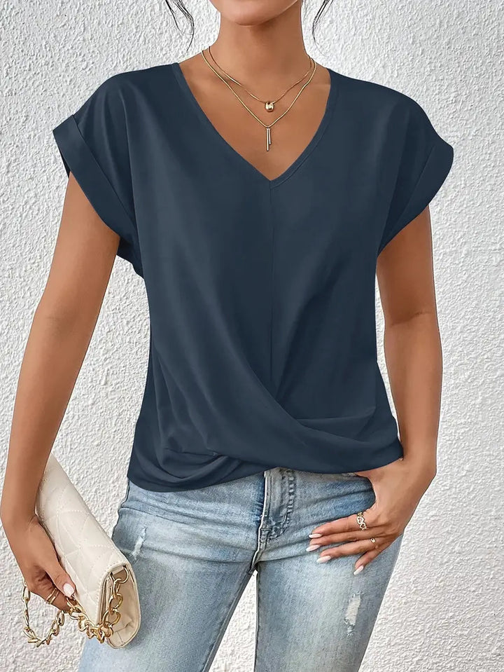 Damer elegant V-udskæring bluse med afslappet drapering Skovae