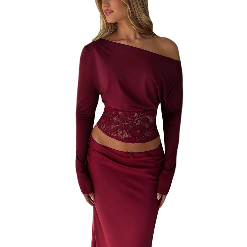 Damer elegant Crop-Top med spidsekanter og lange ærmer Skovae