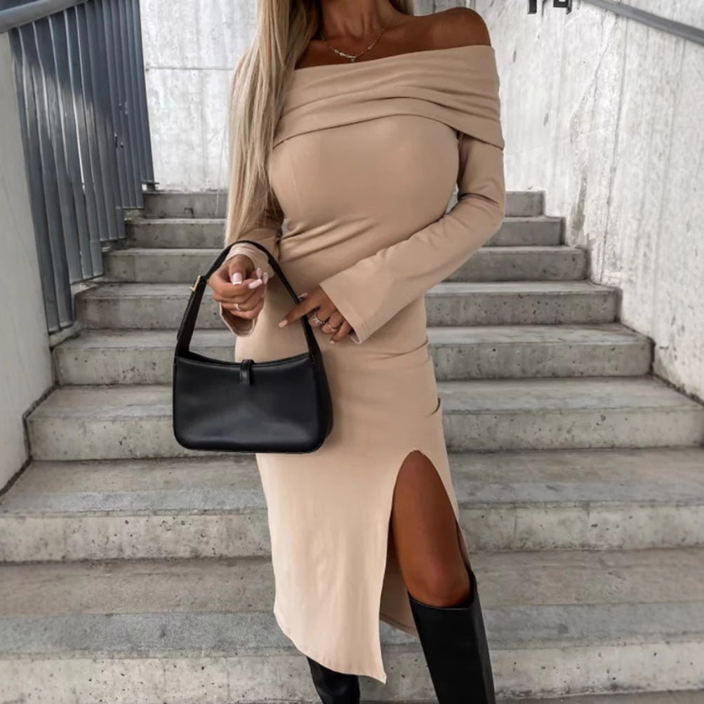 Dame Off-Shoulder Kjole med elegant slidser og lange ærmer Stilla