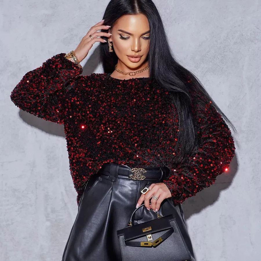 Dame Glitrende Oversized Top med funklende Pailletter Stilla