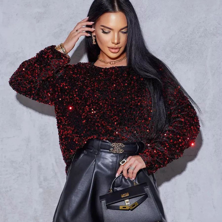 Dame Glitrende Oversized Top med funklende Pailletter Stilla