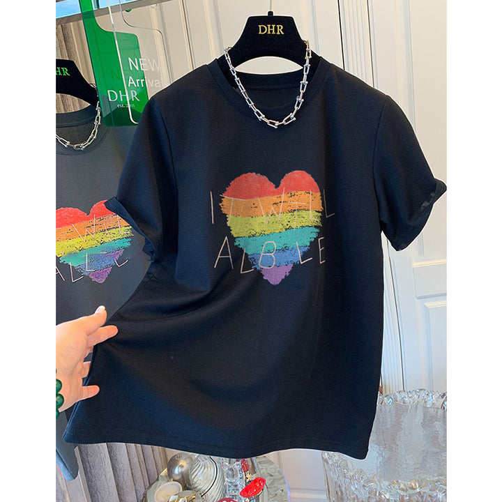 Dame T-shirt med kreativt regnbueskærtsmotiv og inspirerende skrift Stilla