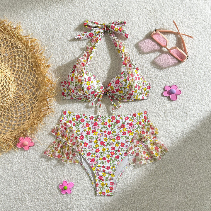 Dame bikini-sæt med legende floral-design og løst flæse-snit Stilla