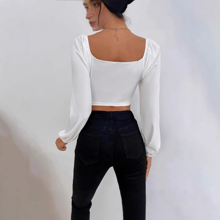 Dame Vedligeholdelsesvenlig Crop-Top med Puffærmer og dekorativ Rynkning Stilla