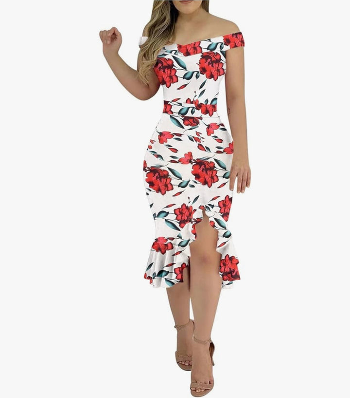 Dame Off-Shoulder Volants Midi Kjole Stilla